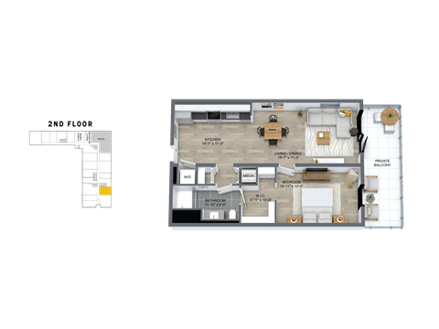 Floor plan for 1 bed, 1 bath, 800 sqft